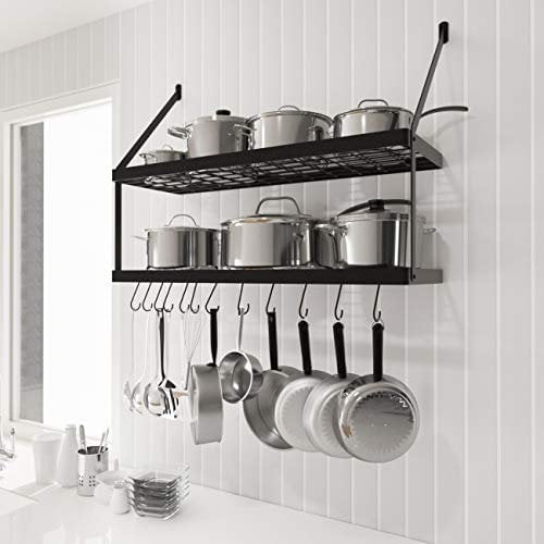KES Pan Rack Wall Mounted Kitchen Pots and Pans Hanging Rack, 2 Tiers Kitchen Wall Shelf with 12 S-Hooks Heavy Duty Matte Black 75CM, KUR218S75B-BK