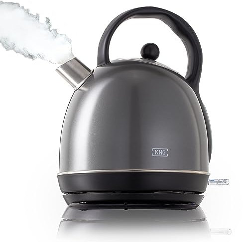 KHG Kessel-Wasserkocher WK-1711 Retro in grau aus Edelstahl, 1,7 Liter, abwaschbarer Kalkfilter, Wasserstandsanzeige, Trockengehschutz & Abschaltautomatik, verdecktes Heizelement, BPA-frei, 2200 Watt