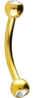 PIERCINGLINE Titan Banane 2 KRISTALLE Gebogener Piercing Stab Augenbraue Ohr Lippe Intim Brust Goldfarben 1,2 x 6 mm