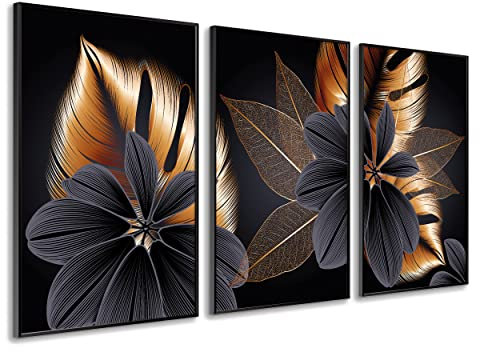DekoArte - Tableau decoration murale salon STYLE FLOWERS 50x70 cm x3 pièces - Tableaux avec cadre noir inclus
