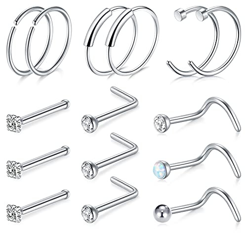 Crdifu 0,6mm Nasenstecker Nasenpiercing Stecker Set 22G Silber Chirurgenstahl L Spirale Piercing Nase