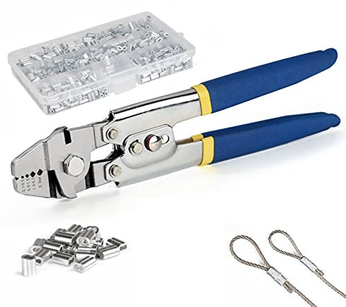 Wire Rope Crimping Pliers with 150Pcs Ferrule Kit,Up to 2.2mm Wire Rope Swager Crimper with 3 Size Aluminium Double Barrel Set