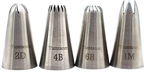 Tumtanm #1M #2D #4B #6B Large Piping Nozzles, 4 pcs Stainless Steel Seamless Icing Piping Tips Set for Cupcakes and Baking
