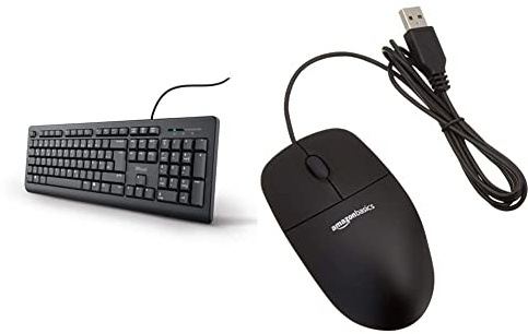 Trust 24092 Taro Kabelgebundene Tastatur, QWERTZ Layout, Leise Tasten, Spritzwassergeschützt – Schwarz & Amazon Basics - Optische Maus mit 3 Tasten und USB-Anschluss für Windows und Mac OS X, Schwarz