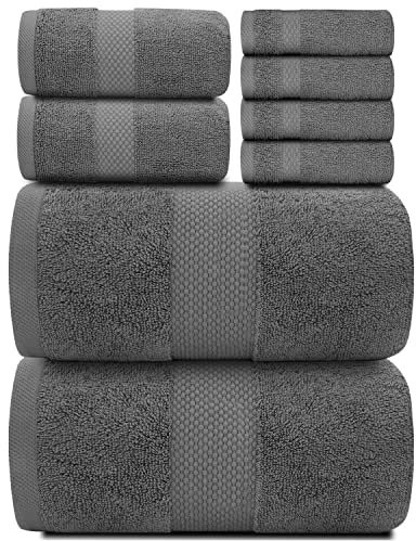 White Classic 8 Piece Egyptian Cotton Towel Set - Charcoal Grey - 2 Large Bath, 2 Thick Hand, 4 Face Towels - Quick Dry Super Absorbent Bathroom Bundle Pack