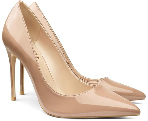 COLETER Women's 4 Inch Pumps Pointy Toe Wedding Dress Shoes Slip on Stiletto Pumps Patent Nude 10US