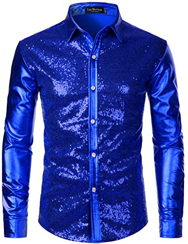 LucMatton Men's Shiny Metallic Sequin 70s Disco Long Sleeve Button Down Shirts for Halloween Cosplay Club Rock Hip Hop Party Royal Blue Large