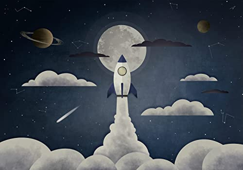 decomonkey Fototapete Kosmos 350x256 cm Design Tapete XXL Fototapeten Vlies Tapeten Vliestapete Wandtapete moderne Wand Schlafzimmer Wohnzimmer Kinderzimmer Rakete Mond Himmel Blau Grau