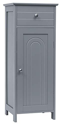 COSTWAY Bathroom Storage Cabinet, Floor Standing Wooden Cupboard with Single Door and Drawer, Slim Side Cabinet Organiser Unit for Living Room Bedroom Hallway (Grey, 7-Position Adjustable Shelves)