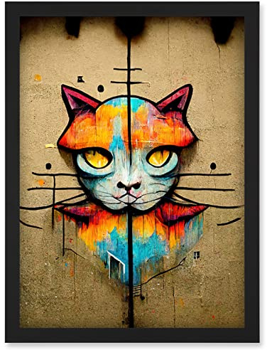 Doppelganger33 LTD Vibrant Symmetrical Street Art Mural Graffiti Cat Artwork Framed Wall Art Print A4