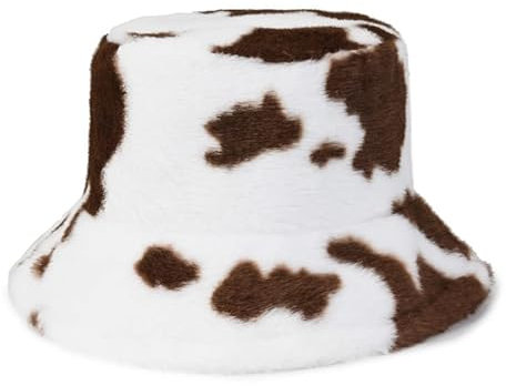 DNLKWGO Damen Winter Bucket Hat Fuzzy Warm Hut Kuh Print Stil Kunstfell Fischermütze, coffee, 7 1/8