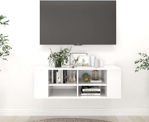 Eckschrank für Fernseher, Wandschrank für TV-Spanplatte, weiß, glänzend, 102 x 35 x 35 cm, stabil + robust, funktionaler Stauraum