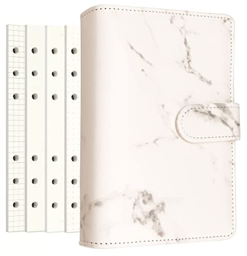 PU Leder Persönliches Notizbuch Planer mit 80 Seiten Lose-Blatt-Papiere 6 Löcher Ringbuch Stifthalter Magnetische Schnalle (White Marble, A6 Mini)