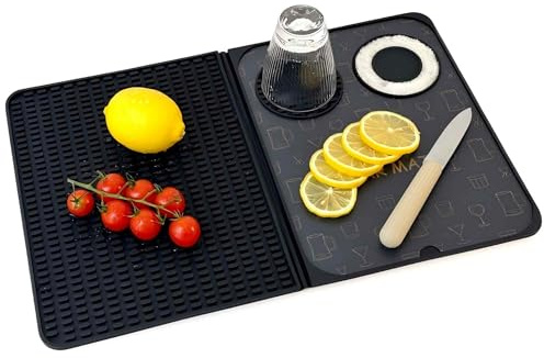 Barmatte, Barzubehör, multifunktionale faltbare Cocktailmatte mit Schneidebrett, 45,7 x 30,5 cm (schwarz), Abtropfmatte, Barmatte für Arbeitsplatte, Bar-Dekorationen für Zuhause, Outdoor-Bar-Zubehör
