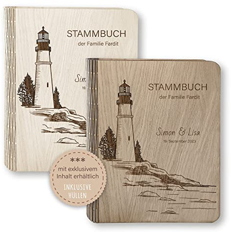 Stammbücher Holz Stammbuch der Familie personalisiert Far Holzbuch A5 oder A4 Familienstammbuch Hochzeit Leuchtturm Maritim beige braun Handarbeit