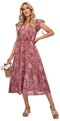 HEYPORK Damen Frühling Sommer Rock Bequem Lässig Kleider Mode Elegant Röcke Frauen Casual V-Ausschnitt Floral ärmelloses Langes Kleid(Rosa, M)