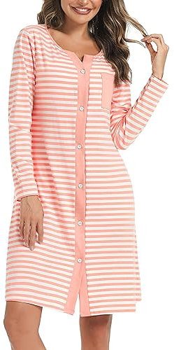 Marvmys Chemise De Nuit Femme Manches Longues Chemises De Nuit Femmes Col en V avec Boutons Devant Chemises De Nuit Vêtement De Nuit Doux Rayée Coton Manche Hiver Vêtement D'Intérieur Rose L