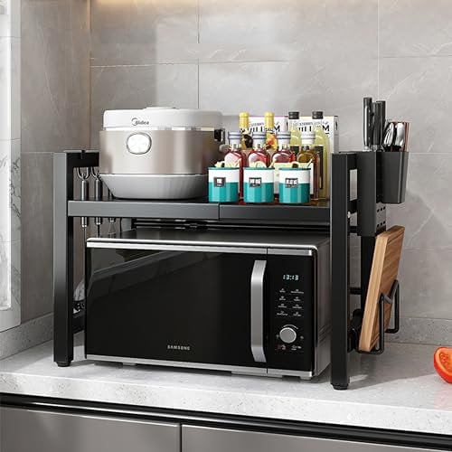 Wivico Mikrowellenregal Erweiterbares mit 6 Haken 1 Schneidebrett Rack Küchenregal Organizer Regal Küche Mikrowellen Regal
