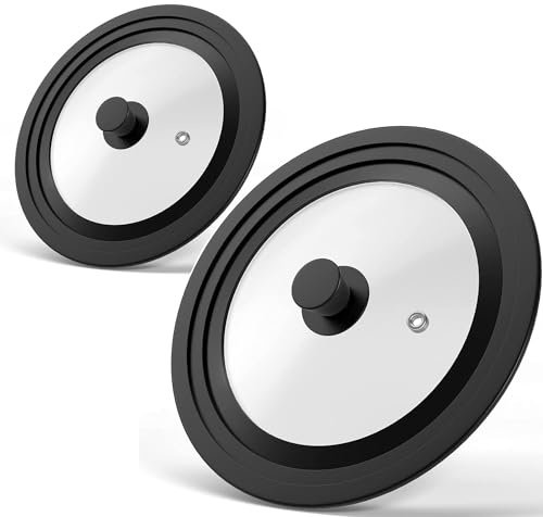 Universal Lids for Pots, Pans & Skillets - Fits 7, 8 & 9 Diameter, 10, 11 & 12 Diameter Cookware, Tempered Glass with High Heat Resistant Silicone Rim, Dishwasher Safe (2 Pack)