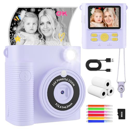 CKATE Kids Camera Instant Print, 1080P HD Instant Print Camera with 2 Shutters, Print Photo Paper & 32G SD Card, Birthday Chirstmas Gifts for Girls Boys 3-12 Years Old - Dream Purple