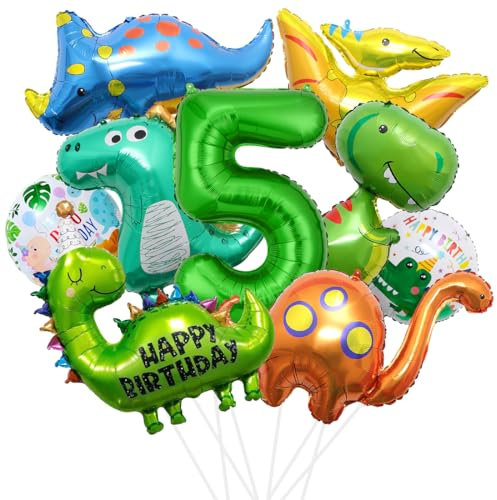XXL Dino Geburtstag Deko, 5 Jahre Dinosaurier Folienballon, Dinosaurier Geburtstagsdeko Jungen, Grüner Luftballons Dino, Zahlenballon 5 für Dinosaurier Jurassic Dschungel Party Kinder Geburtstag