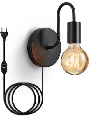 Lightess Wandlampe mit Stecker Innen Wandleuchte mit Dimmbar Schalter Schwarz Industrial Vintage E27 Lampe Wand für Schlafzimmer Treppenhaus Wohnzimmer