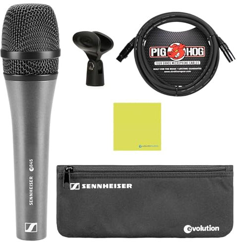 Liquid Audio Senn heiser E 845 Supercardioid Dynamic Vocal Microphone Bundle w/Pig Hog PHM10 8mm Mic Cable Polishing Cloth