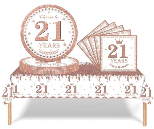 37Pcs 21st Birthday Tableware Set Rose and Gold, 21st Birthday Decorations with Party Paper Plates and Napkins,Plastic Table Cloth for Her girls Happybirthday Table Decoration Dinnerware Supplies