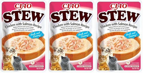 INABA Ciao Stew - Cremige Katzensuppe mit Shredded Hähnchen, Huhn & Lachs 1x40g, Katzenfutter nass ohne Getreide (Packung mit 3)