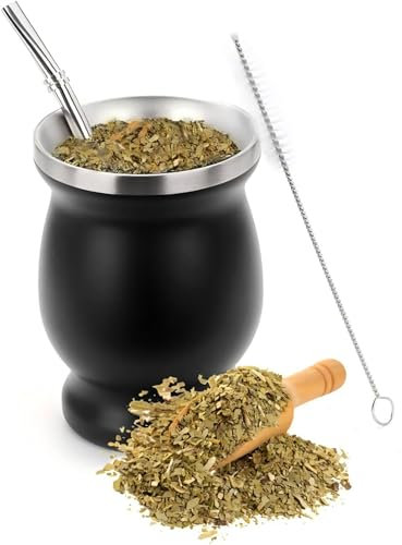 Mujiluxe Mate Mug, Mate Tea Cup Set, for Mate Tea, with a Cleaning Brush and Mate Straw, Black
