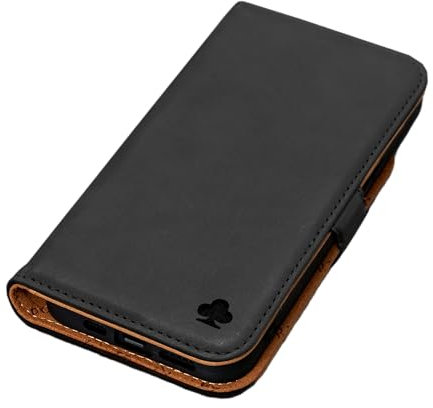 Porter Riley - Lederhülle für iPhone 13 (6,1). Hochwertiges Echtleder-Ständer/Cover/Brieftasche/Klapphülle mit Kartenfächern, Horizontaler Ständer, Robuster Rahmen (Schwarz/Hellbraun)