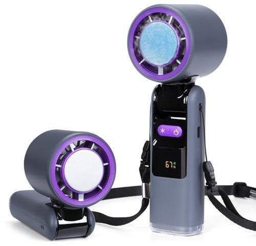 Handheld Turbo Fan with Ice Cooler, Powerful Portable Fans Up to 10H Cooling Mini Fans 270° Foldable Personal Rechargeable Fan 1-100 Speed LED Display & Night Light for Women Men Outdoor Indoor (Gray)