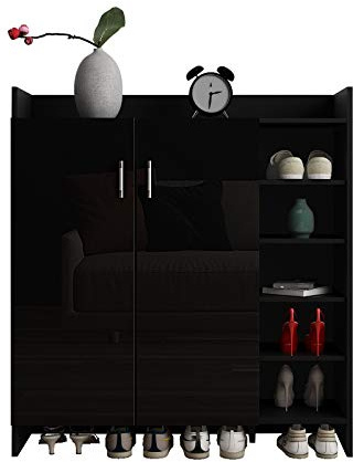 Chebinsiti Shoe Cabinet, High Gloss Front Shoe Storage Cupboard with 2 Doors and 4 Adjustable Open Shelves for Hallway Living Room, Wooden Freestanding Black