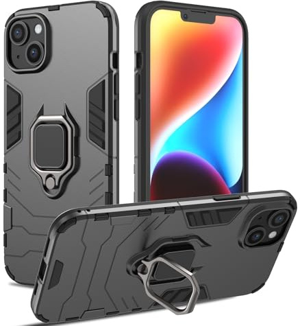 RIIMUHIR Case for iPhone 14 Plus, Shockproof Cover with 360° Metal Ring Stand, Anti-Scratch Hard Protective Case, Full Body Bumper Case with Camera Protection (Black)