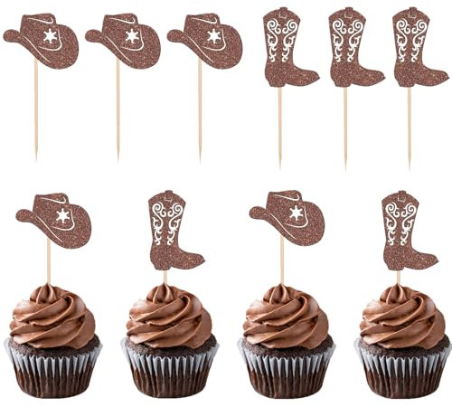24 Stück Braun Cake Topper Cowboy Tortendeko, Cowboy Kuchen Deko, Cupcake Deko Geburtstag, Cowboy Hüte Stiefel Kuchen Topper, Kuchendeko Western für Babypartys Western Theme Party Geburtstag Party