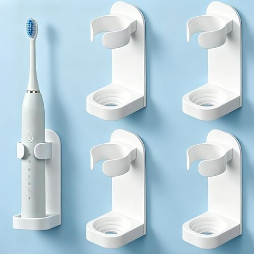 4 PCS Electric Toothbrush Holder, Wall-Mounted Electric Toothbrush Holder Adjustable Electric Toothbrush Stand with Strong Adhesive and Toothbrush Organizer