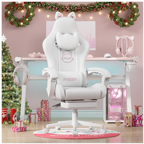 Bigzzia Silla Gaming con Orejas, Silla Gamer con Masaje (Blanco Puro) | Bonito, Para Chicas, FuncióN De Masajes, ReposapiéS, CóModo, Dormitorio, Rosa, Juvenil, Combina Con Todo