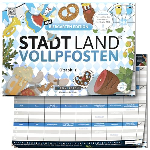 DENKRIESEN Stadt Land VOLLPFOSTEN Biergarten Edition | | DIN A4 Spielblock | 26 Volksfest-Kategorien ab 14 Jahren, Party- und Gesellschaftsspiel für Gruppen und gesellige Biergartenabende.