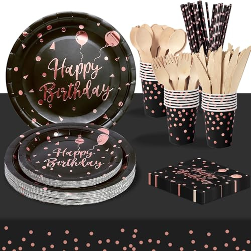 PYAILI 193 Pcs Or Noir Rose Vaisselle Jetable Anniversaire -24 Invités | Vaisselle Party Inclut Assiette Carton, Gobelets, Serviettes, pour pour Decoration Anniversaire Garcon Fille