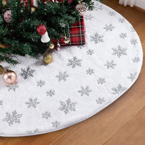 Velicber Gonna Albero di Natale 90cm Bianca Tappeto per Albero di Natale Tappeto Sotto alberos di natale con Argento Fiocchi di Neve per Decorazioni Natalizie, Ideale per Natalizie e Capodanno