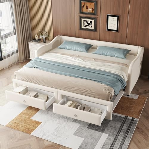LinoraFurn Daybettt, 90X200cm Tagesbett mit ausziehbarem Bett,Schlafsofa mit Zwei Schubkästen, Einzelbett(Ohne Matratze), Leinen, minimalistisches Styling (beige)