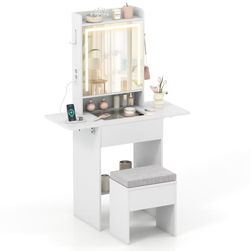 COSTWAY Schminktisch mit 3 Farbe LED Spiegel & Schminkhocker, Frisiertisch Set mit Glasplatte, Steckdosen, Haken & klappbaren Seitenteilen, schmaler Kosmetiktisch weiß, 94 x 41 x 147 cm