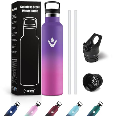 JAPORIA Botella Acero Inoxidable 1L, Cantimplora Termica con Pajita, sin BPA, Termo para Deporte, Bicicleta, Viajes