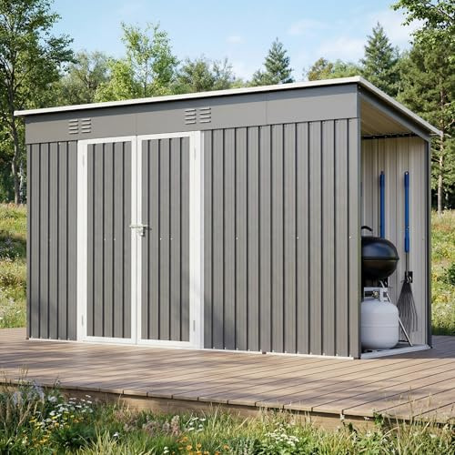 Abri de Jardin Métal 3,11x1,23x1,81m avec Double Porte Verrouillable – Cabane de Jardin Extérieur Résistante aux Intempéries pour Outils, Vélos, Tondeuse – Rangement Extérieur Galvanisé 5m² Gris