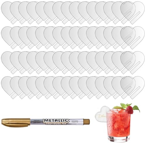 PCTSMART 60 Stück Acryl Namensschilder Herz transparent mit Metallstift, Wiederverwendbare Getränkemarkierer für Glasrand, Hochzeit, Party, Cocktailabend, Tischdeko und persönliche Kennzeichnung 4 cm