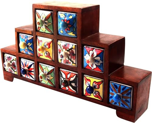 GURU SHOP Apothekerschränkchen mit Bunten Keramik Schubfächern, Gewürzkiste - 2,4,6 Fächer, Braun, 25x44x9 cm, Dosen, Boxen & Schatullen