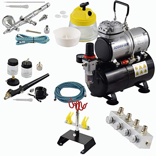 Agora-Tec® Airbrush Komplett-Set PROFI XVIII.3, inkl. Kompressor mit 4 bar, 20l/min und 3 Liter Tank + 2 Airbrushpistolen mit 0,2 & 0,3 & 0,8mm Nadeln/Düsen + regelbaren 4-fach Luftverteiler + 4fach-Halter + Clean-Pot + 2 Schläuche + Adapter