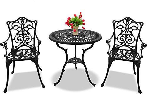 Centurion Supports TABREEZ Garden & Patio Table & 2 Large Chairs with Armrests Cast Aluminium Bistro Set - Black