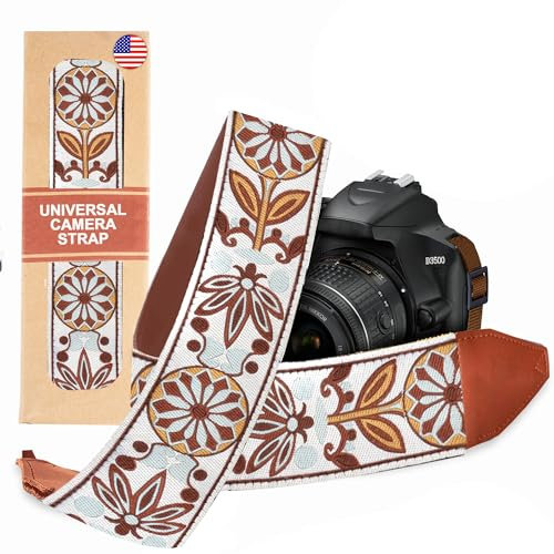 White Woven Vintage Camera Strap Belt For All DSLR Camera. Embroidered Elegant Universal DSLR Strap, Floral Pattern Neck Shoulder Camera Strap for Canon, Nikon,Pentax, Sony,Fujifilm and Digital Camera