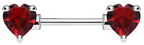 Piersando Brustwarzen Piercing Intimpiercing Nippelpiercing Brust Nippel Intim Brustwarzenpiercing Barbell Stab mit Herz Kristallen 12mm Silber Rot Herz